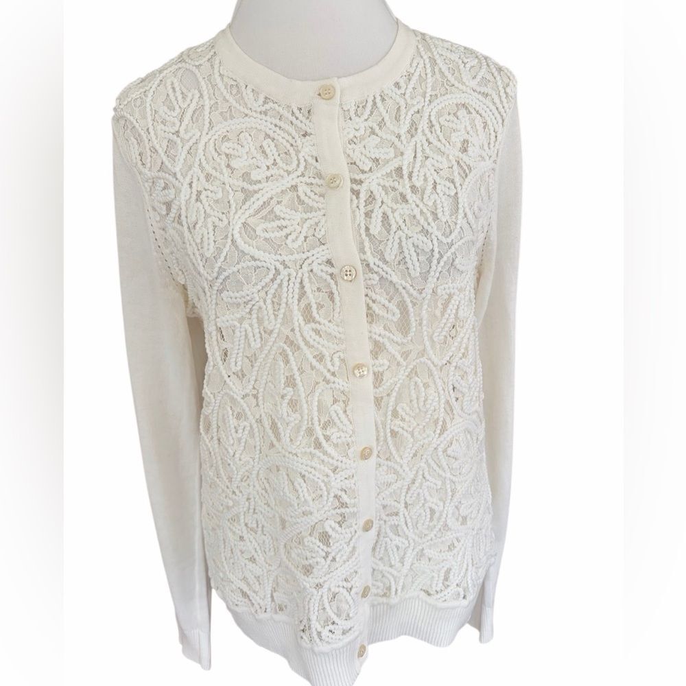 Brooks Brothers 346 Cream Lace Button front Cotton Women's Cardigan size M.